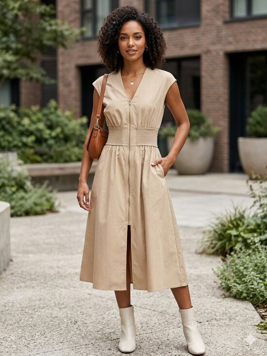 Grace Karin Dresses & Skirts - NWT Grace Karin Zipper Front Smocked Waist Cap Sleeve Midi Dress Tan Small